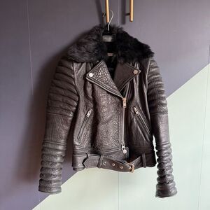 The Arrivals Ranier Pebbled Lamb Leather Jacket w/ Removable Fur Collar, XS